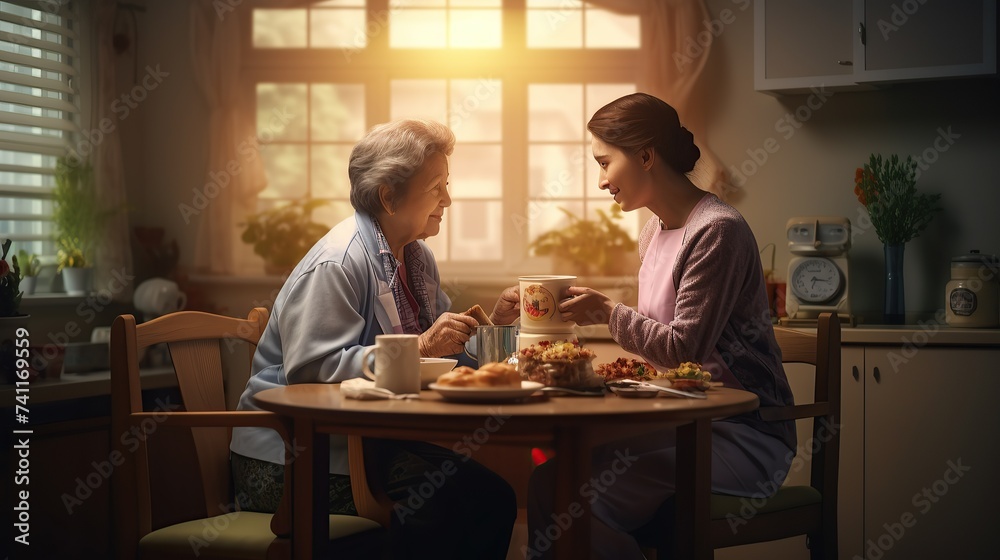 Healthcare, elderly woman with nurse with breakfast at her home and at the table in living room. Support or communication, caregiver and conversation. copy space for text. Healthcare, elderly woman with nurse with breakfast at her home and at the table in living room. Support or communication, caregiver and conversation. copy space for text.