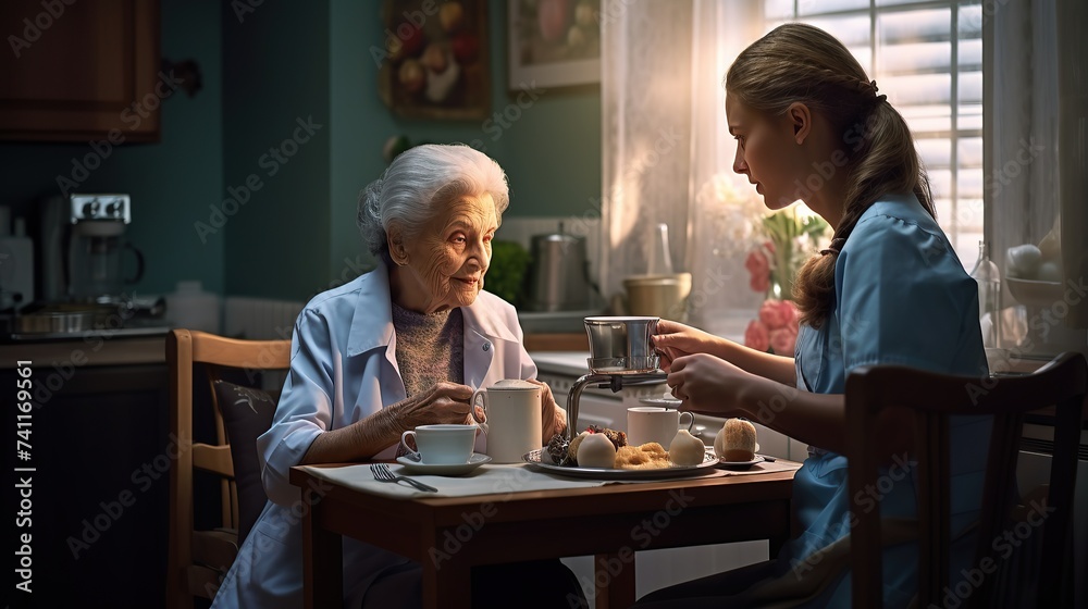 Healthcare, elderly woman with nurse with breakfast at her home and at the table in living room. Support or communication, caregiver and conversation. copy space for text. Healthcare, elderly woman with nurse with breakfast at her home and at the table in living room. Support or communication, caregiver and conversation. copy space for text.
