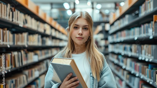 Happy pretty focused blonde girl student holding book looking at camera standing in modern university campus library or bookstore.