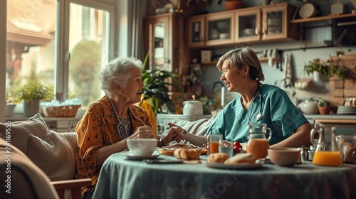 Healthcare  elderly woman with nurse with breakfast at her home and at the table in living room. Support or communication  caregiver and conversation. copy space for text.