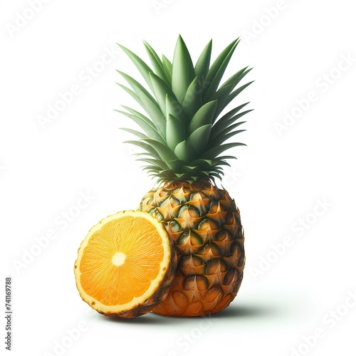 One and half pineapples on a white background