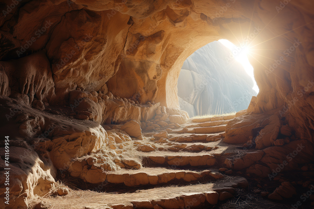 Naklejka premium Tomb cave has been left vacant as symbolic representation of Christ resurrection AI Generative