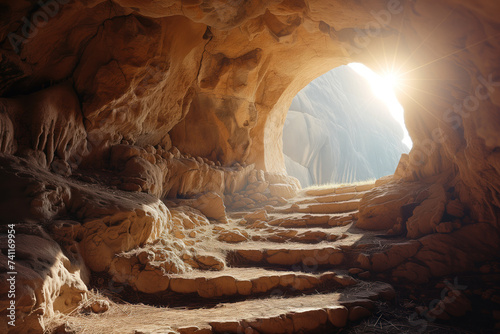 Tomb cave has been left vacant as symbolic representation of Christ resurrection AI Generative photo