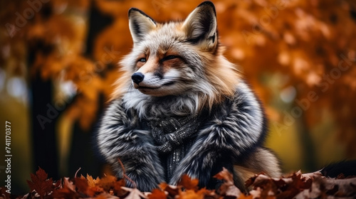 Picture a fashionable fox in a faux fur stole, accessorized with pearl earrings and a velvet choker. Against a backdrop of autumn leaves, it exudes woodland elegance and timeless style. Mood: refined 
