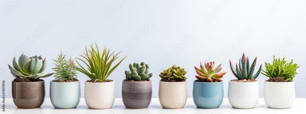 Pots with succulents and cacti on the table, banner