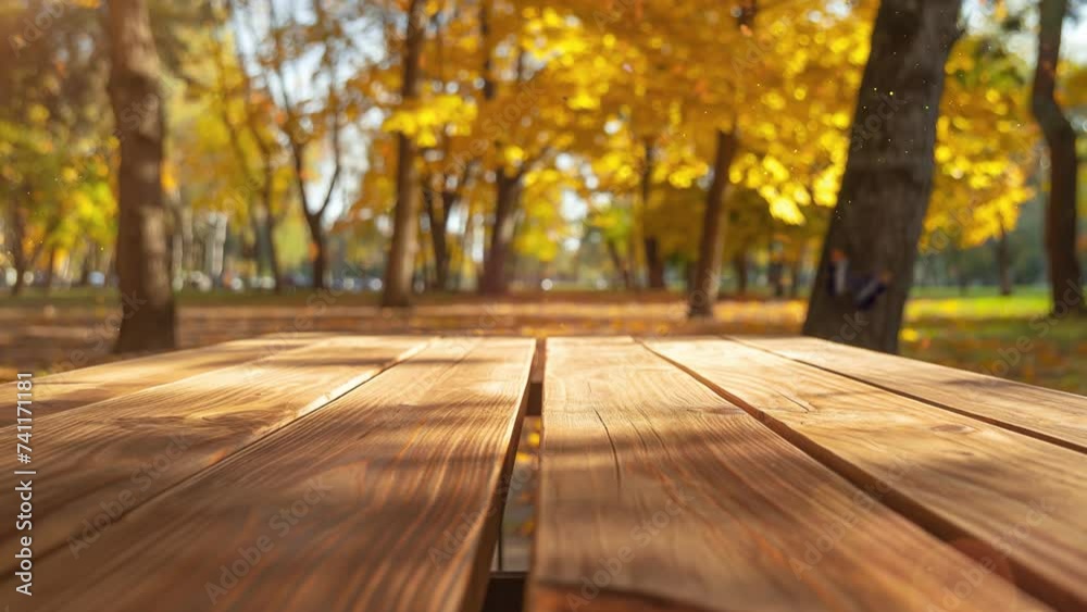 empty wooden table in autumn park on sunny day. nature background illustration in a park. seamless looping overlay 4k virtual video animation background empty wooden table in autumn park on sunny day. nature background illustration in a park. seamless looping overlay 4k virtual video animation background