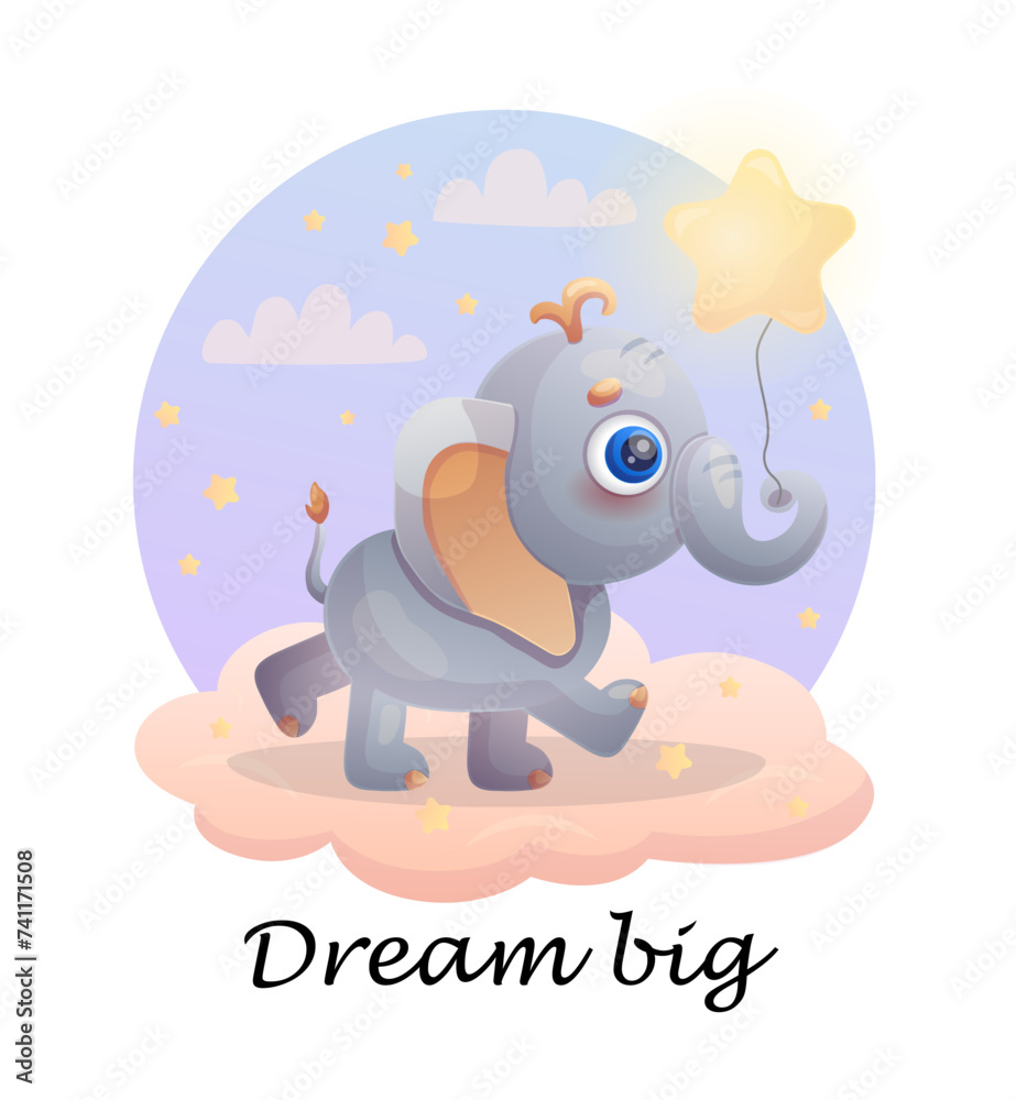Fototapeta premium Adorable elephant with star on pink cloud. Dream big. Vector illustration.