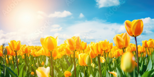 Yellow tulip flowers blooming in the field with blue sky background. Beautiful Floral background for Easter holiday, Women's day, 8 march, Birthday, Mother's day	