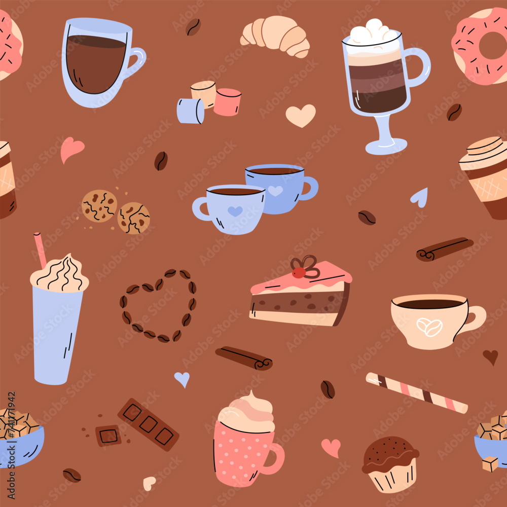 Coffee time seamless pattern vector. Cute background with doodle coffee and sweet food elements in simple hand drawn style. Different coffee drinks cappuccino, espresso, mocha. Cake, croissant, donut