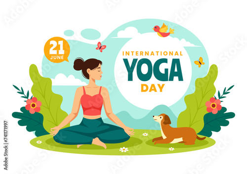 International Yoga Day Vector Illustration on June 21 with Woman Doing Body Posture Practice or Meditation in Healthcare Flat Cartoon Background