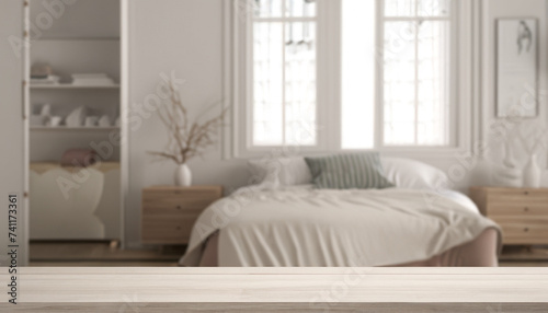 Wooden vintage table top or shelf closeup, zen mood, over blurred modern scandinavian bedroom, white architecture interior design