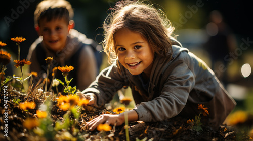 Happy Children Exploring and Discovering in Nature: A Fun and Educational Image of Discovery and Nature