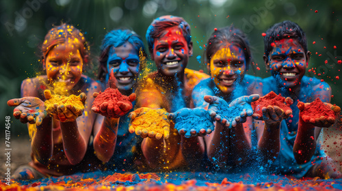 Hands in the Air: A Group of Friends Showing Off Their Holi Powder