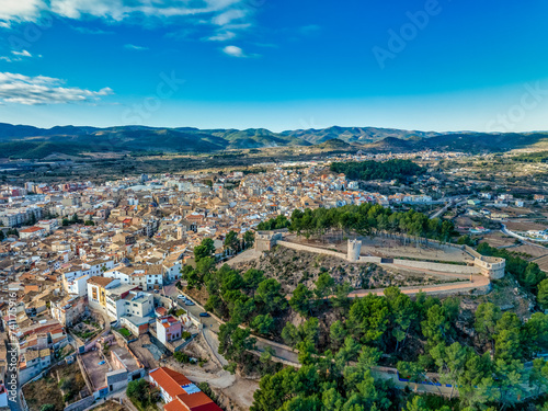Aerial view of Segorbe castle, and city walls, medieval stronghold in Castellon province Spain