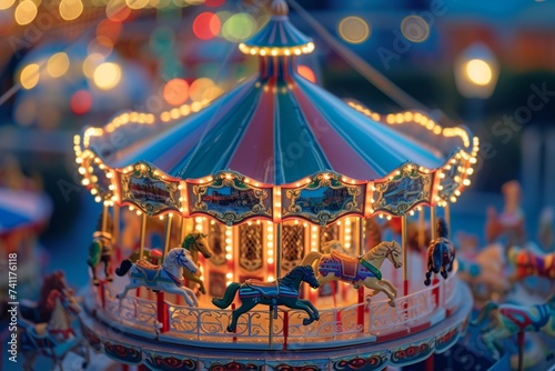 A top view of a colorful toy carousel with spinning horses and cheerful music,