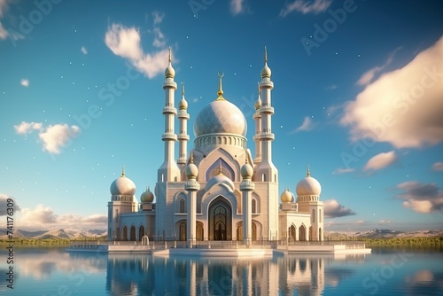 beautiful mosque 3D render, copy space, realistic - generative ai