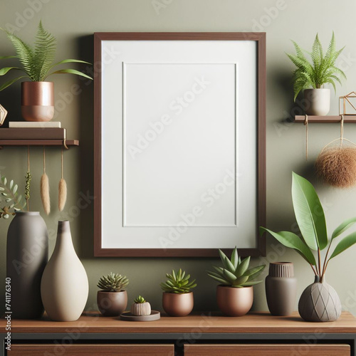 Interior design of living room with brown mock up photo frame

