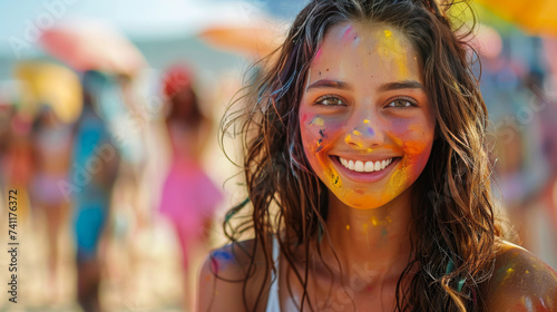 Holi Festival: Young Woman with Colorful Face