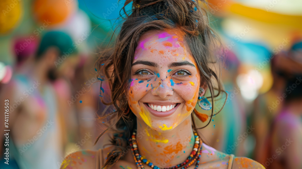 Holi Party: Young Woman with Colorful Face Holi Party: Young Woman with Colorful Face