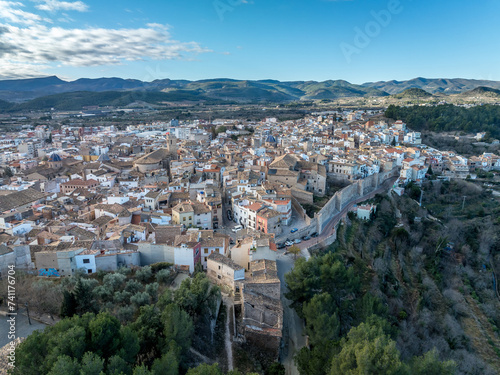 Aerial view of Segorbe castle, and city walls, medieval stronghold in Castellon province Spain photo