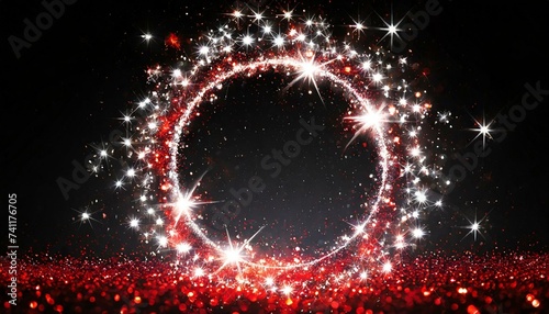 red and white fireworks,stars, magic stars glow Bwhite glitter circle of light shine sparkles and red spark particles in circle frame on black stars glow, firework confetti of glittery ring shimmer, w photo