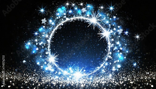 abstract light background,stars, magic stars glow Bwhite glitter circle of light shine sparkles and blue spark particles in circle frame on black stars glow, firework confetti of glittery ring shimmer photo