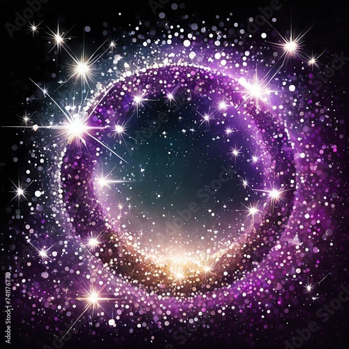 background with stars,stars, magic stars glow Bwhite glitter circle of light shine sparkles and purple spark particles in circle frame on black stars glow, firework confetti of glittery ring shimmer,  photo