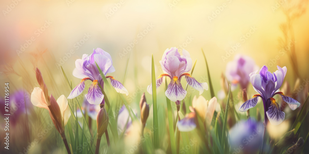 Beautiful irises blooming in the garden. Beautiful Floral Background for greeting card for Birthday, Mother's day, Easter, Women's day, Wedding, Holiday. Copy space Beautiful irises blooming in the garden. Beautiful Floral Background for greeting card for Birthday, Mother's day, Easter, Women's day, Wedding, Holiday. Copy space