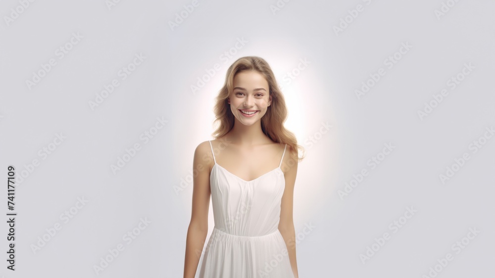 3D-rendered portrait featuring a beautiful woman adorned in a fashion-forward white silk dress, exuding enchantment and grace. Generative AI. 3D-rendered portrait featuring a beautiful woman adorned in a fashion-forward white silk dress, exuding enchantment and grace. Generative AI.