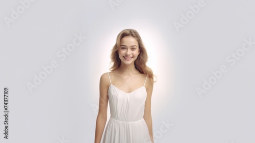 3D-rendered portrait featuring a beautiful woman adorned in a fashion-forward white silk dress, exuding enchantment and grace. Generative AI.