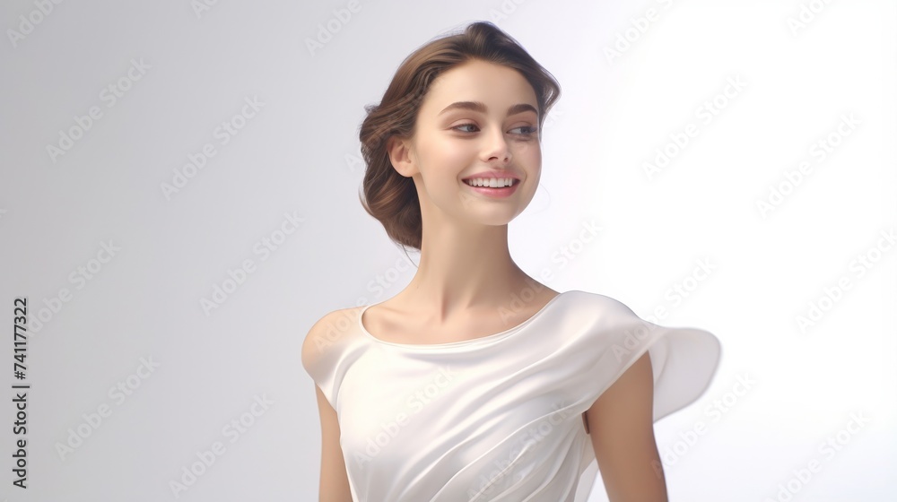 3D-rendered portrait featuring a beautiful woman adorned in a fashion-forward white silk dress, exuding enchantment and grace. Generative AI. 3D-rendered portrait featuring a beautiful woman adorned in a fashion-forward white silk dress, exuding enchantment and grace. Generative AI.