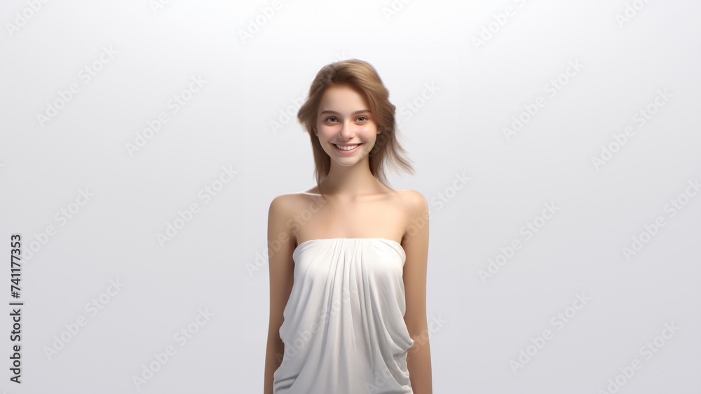 3D-rendered portrait featuring a beautiful woman adorned in a fashion-forward white silk dress, exuding enchantment and grace. Generative AI. 3D-rendered portrait featuring a beautiful woman adorned in a fashion-forward white silk dress, exuding enchantment and grace. Generative AI.