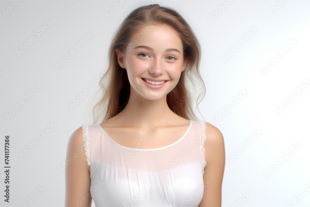 3D-rendered portrait featuring a beautiful woman adorned in a fashion-forward white silk dress, exuding enchantment and grace. Generative AI. 3D-rendered portrait featuring a beautiful woman adorned in a fashion-forward white silk dress, exuding enchantment and grace. Generative AI.