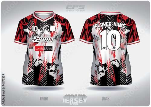 EPS jersey sports shirt vector.black white and red car wheel pattern design, illustration, textile background for V-neck sports t-shirt, football jersey shirt.eps