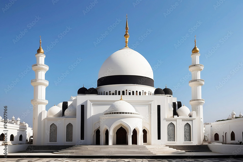Fototapeta premium A white and black mosque with a white dome background Ai generative.