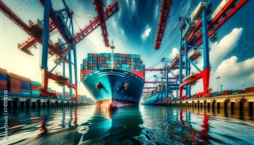 Logistics and Global Trade. A Majestic Cargo Ship Laden with Containers Docked at a Bustling International Shipping Port at Sunrise photo