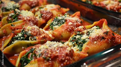 A tempting dish of stuffed pasta shells filled with spinach and ricotta, topped with marinara sauce and Parmesan, ready to be served.