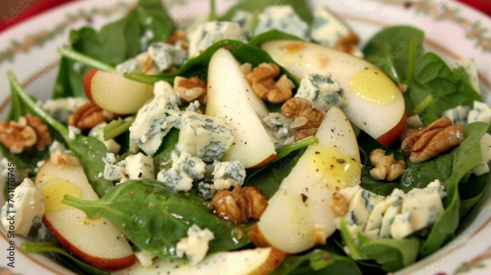 A sophisticated pear and Gorgonzola salad topped with walnuts, served on a bed of fresh greens, embodying a fusion of sweet and savory flavors.