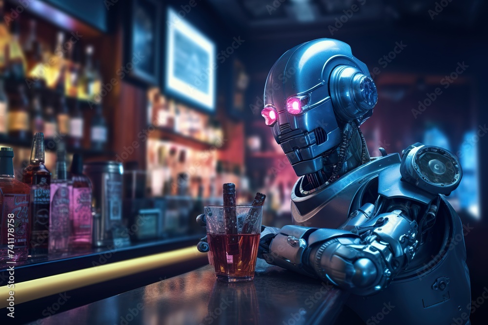 Sci-fi: Robot bartender at the bar, robot bartending at the bar of the future