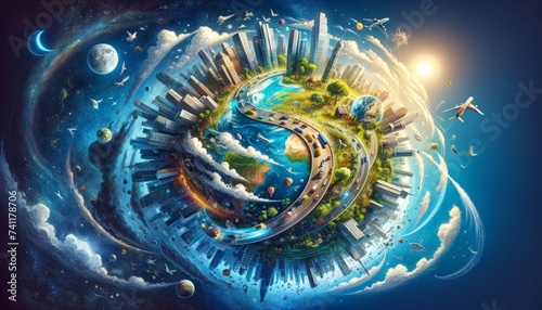 Fantasy Miniature Planet with Urban Landscape and Natural Ecosystems in a Surreal Circular World