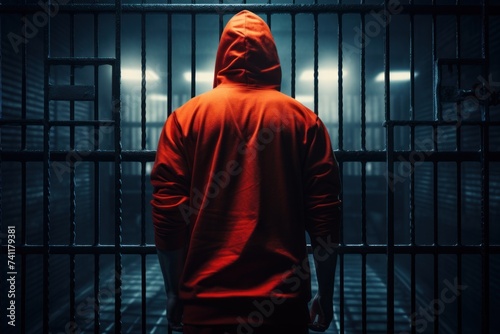 Bad guy in red hoodie stand his back in prison cell. Gangster in jail