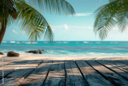 Wooden floor with Palm tree on the sea beach