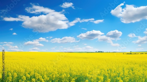 Yellow field and blue sky. Agriculture landscape background