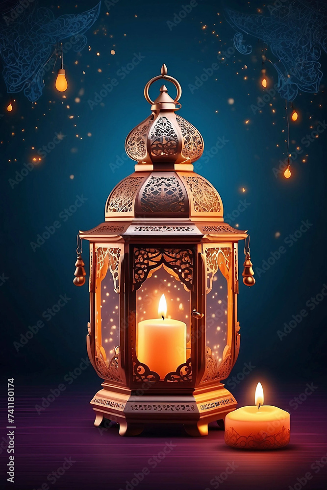 Ornamental arabic lantern with burning candle glowing invitation for muslim Ramadan Kareem background Ai generative Ornamental arabic lantern with burning candle glowing invitation for muslim Ramadan Kareem background Ai generative