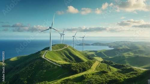 Wind turbines stand on the coast