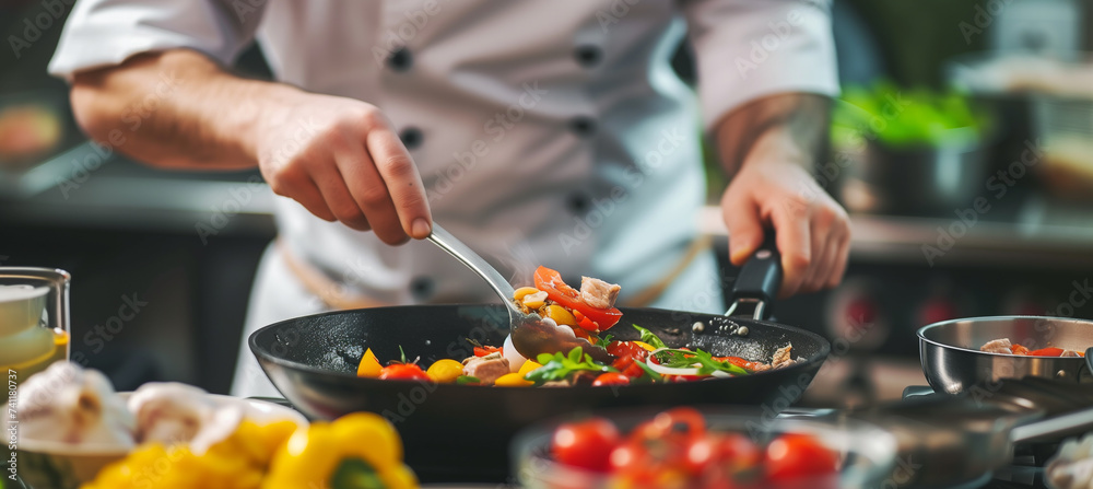 Chef preparing delicious food in a busy restaurant kitchen environment