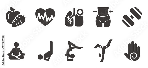 Fitness Icons set elegant series. Flat yoga related icons. Meditation icons set.
