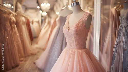 Pale pink long formal dress elegant prom party wedding dress in shop, generative ai photo
