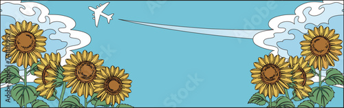 夏　バナー　飛行機とひまわり　フレーム　背景　イラスト素材