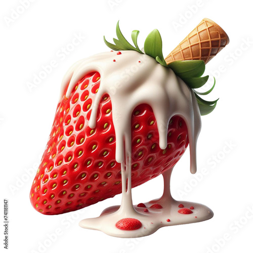 Photo of a strawberry decorated with callendo vanilla ice cream and a lollipop on a transparent background, PNG photo